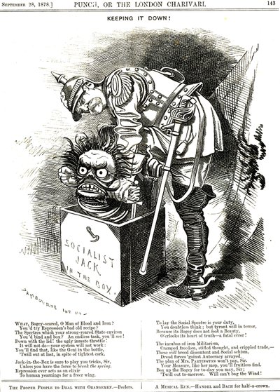 Keeping It Down. Otto von Bismarck (1815-1898) Germany Chancellor, trying to force the Jack of Socialism back in his box. The captions tells him that every act of repression acts an elixir to the human wish for more freedom. Cartoon by Edward Linley Sambou 作者 爱德华·林利·桑伯恩