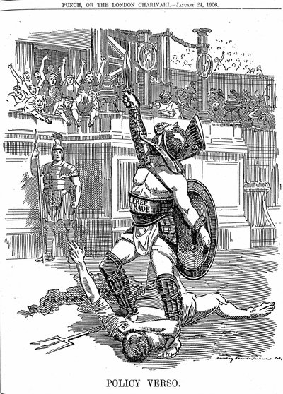 1905年12月，随着英国自由党政府的回归，自由贸易成为政策，而不是保守党的关税保护政策。爱德华-林利-桑伯恩的漫画，摘自1906年1月24日的《伦敦邮报》。 作者 爱德华·林利·桑伯恩