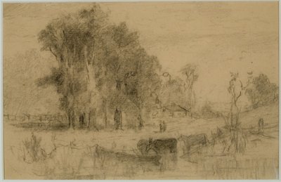风景、划艇和奶牛 (#57) C. 1880（纸上石墨） 作者 爱德华·米切尔·班尼斯特