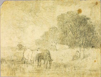 池塘边有牛的风景，两个人物 作者 爱德华·米切尔·班尼斯特