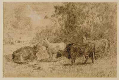 有四头牛的风景，c。 1880年代（木炭纸本） 作者 爱德华·米切尔·班尼斯特