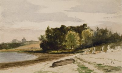 海滩上有原木的风景（40 号），约 1880 年（纸面水彩画） 作者 爱德华·米切尔·班尼斯特