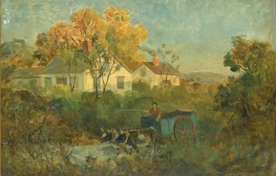 饮用水池中的男子与牛在池边推车，1895年。 作者 爱德华·米切尔·班尼斯特