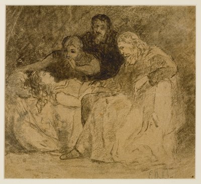 《三个人物，床上的女人》（#66），约 1880 年代（纸上石墨） 作者 爱德华·米切尔·班尼斯特