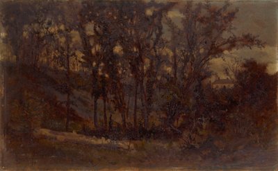 无题森林场景，前景是倒下的树，背景是房子，1873年。 作者 爱德华·米切尔·班尼斯特