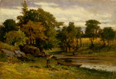 无题风景，小船停泊在溪流附近，男人在前景中行走，1879年。 作者 爱德华·米切尔·班尼斯特