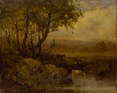 无题风景，河岸，三头牛。 作者 Edward Mitchell Bannister