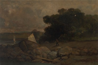 有岩石、人和帆船的无题风景，1895年。 作者 爱德华·米切尔·班尼斯特