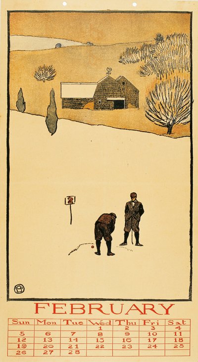高尔夫日历。二月 - 爱德华-彭菲尔德（1866-1925 年）作品 - 1899 年 - 彩色石版画 - 41x28,6 - 巴塞罗那加泰罗尼亚国家艺术博物馆 作者 爱德华·彭菲尔德