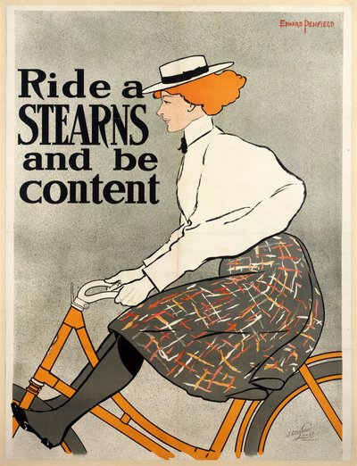 骑着Stearns的车，心满意足，约1896年彩色平版印刷。 作者 爱德华·彭菲尔德
