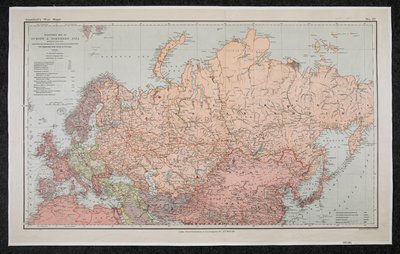 斯坦福战争地图》第 27 号，《欧洲和北亚地图》，显示西伯利亚大铁路和东西干线连接路线，以及日本通往欧洲的陆地路线 作者 爱德华·斯坦福