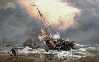 渔民在北海岸边拉船，靠近斯海弗宁恩（荷兰）。布面油画 作者 爱德华·威廉·库克