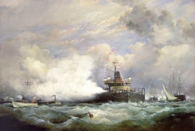 1873 年 6 月 23 日，英国皇家海军炮塔舰 "毁灭号 "在斯皮特黑德参加为波斯国王举行的海军检阅。 作者 爱德华·威廉·库克