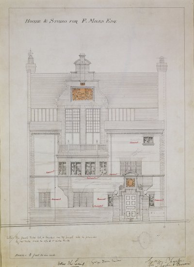1878年至1879年，切尔西Tite Street的F. Miles Esq为House和Studio绘制工作图（纸上写着铅笔）（另见176481,176483-485） 作者 爱德华·威廉·戈德温