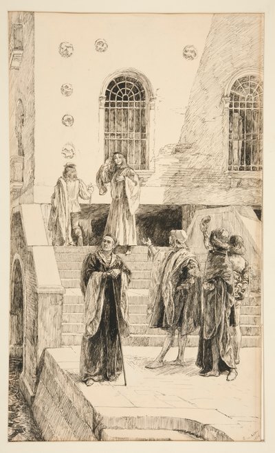 Exuent萨拉里诺和萨拉尼奥，选自《威尼斯商人》第一幕第一场 作者 Edwin Austin Abbey