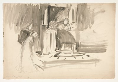 宝座上的人物，两侧有两个人物，莎士比亚剧作草图，剧名不详 作者 Edwin Austin Abbey
