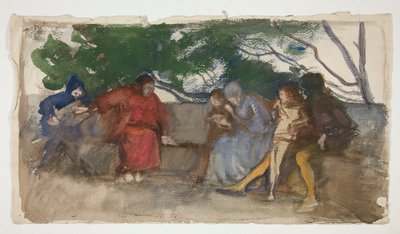 坐在户外长椅上的人物 作者 Edwin Austin Abbey