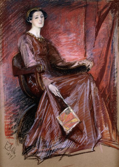 坐着的女人穿着伊丽莎白女王头饰，1897年 作者 埃德温奥斯汀修道院