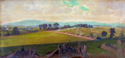 美国内战 1861-1865：葛底斯堡战役 1863 年 7 月 1 日至 3 日。美国在任何其他战争中伤亡最惨重。 “由李将军指挥的弗吉尼亚军团的最后一战”。 油。 埃德温·福布斯（Edwin Forbes，1839-1895）美国艺术家。 军用火炮 作者 埃德温·奥斯汀·福布斯