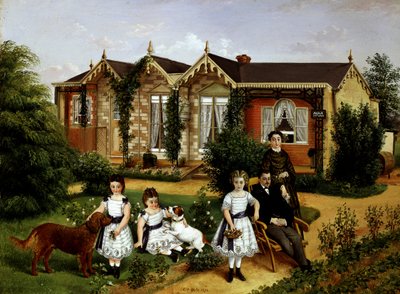 阿尔玛小屋，1874 年。乡村别墅前花园中的全家福。埃德温-弗雷德里克-霍尔特（19 世纪，约 1910 年，英国人）的画作 私人收藏 作者 埃德温·弗雷德里克·霍尔特