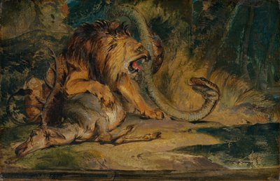 狮子保卫其猎物，约1840年。 作者 埃德温·亨利·兰西尔