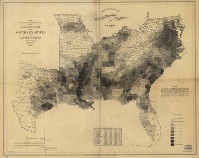 该地图根据1860年的人口普查显示了美国南部各州的奴隶人口分布 作者 埃德温·赫格斯海默