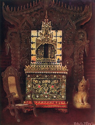 来自Kedleston的Lord Curzon，GCSI，DCL等的亚洲家具，来自曼德勒的Burmese Carved和Gilt门口。木头E的佛教手稿盒（Poongyi）和Shrine（Sadaik） 作者 Edwin John Foley