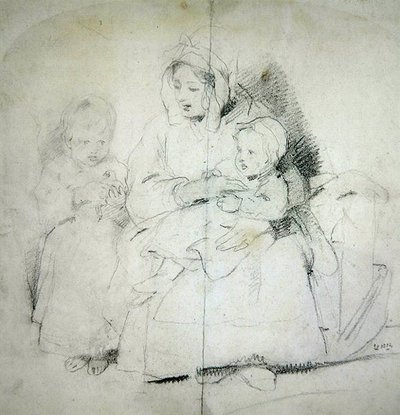 一个母亲和两个孩子（纸上铅笔画） 作者 埃德温·兰瑟