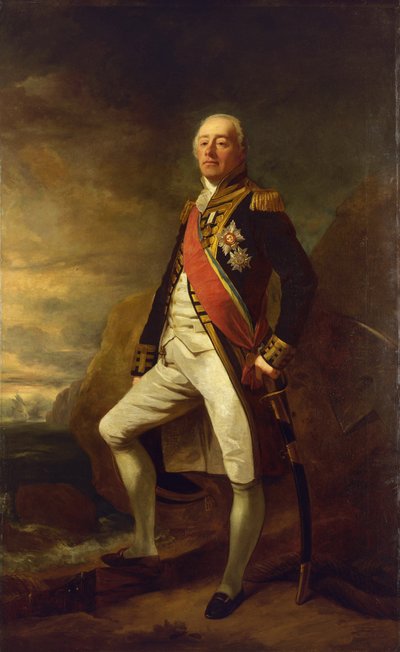 海军中将詹姆斯-索马雷斯（1757-1836 年）的肖像，他是索马雷斯的第一位男爵，因 1801 年在阿尔赫西拉斯（直布罗陀海湾）战役中的胜利而闻名。 作者 埃德温·威廉姆斯