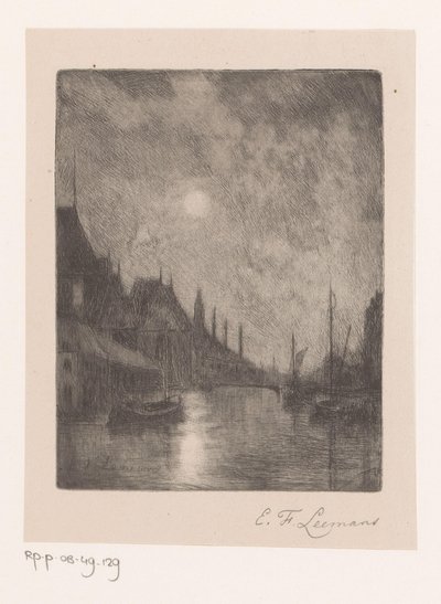 城市夜景中的河流 作者 Egide François Leemans（艺术家签名）
