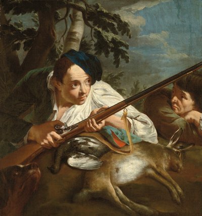 在林间休息的猎人和死去的猎物，约 1705-84 年（布面油画） 作者 艾吉迪奥 (attr.to) 达奥里奥