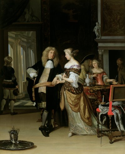 订婚：一对年轻夫妇在优雅的室内，1678年 作者 Eglon van der Neer