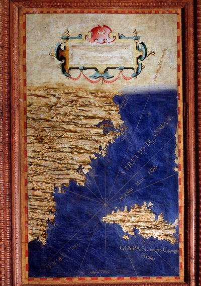 中国和日本地图由Egnazio Danti（1536-1586）数学家、宇宙学家和意大利建筑师制作。1567年左右。佛罗伦萨，韦基奥宫，Mappamondo厅 作者 埃尼亚齐奥·丹蒂（Egnazio Danti）