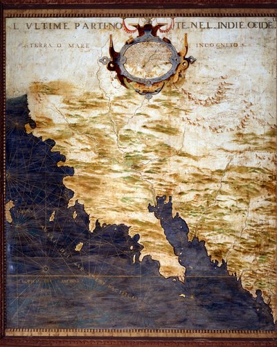 西印度群岛和未知土地的边界图，由Egnazio Danti（1536-1586）数学家、宇宙学家和意大利建筑师制作。大约在1567年。佛罗伦萨，韦基奥宫，Mappamondo厅 作者 埃尼亚齐奥·丹蒂（Egnazio Danti）