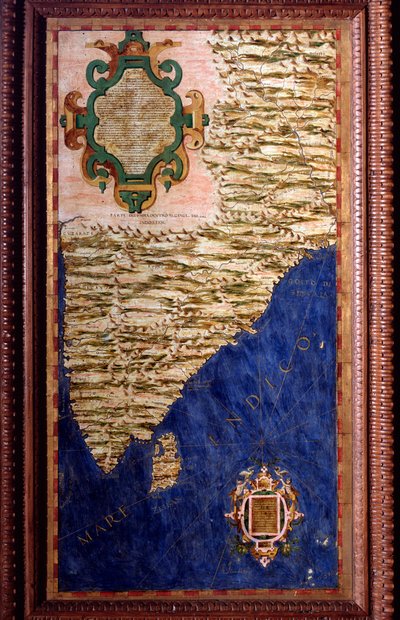 Egnazio Danti（1536-1586）数学家、宇宙学家和意大利建筑师绘制的印度地图。1567年左右。佛罗伦萨，韦基奥宫，Mappamondo厅 作者 埃尼亚齐奥·丹蒂（Egnazio Danti）