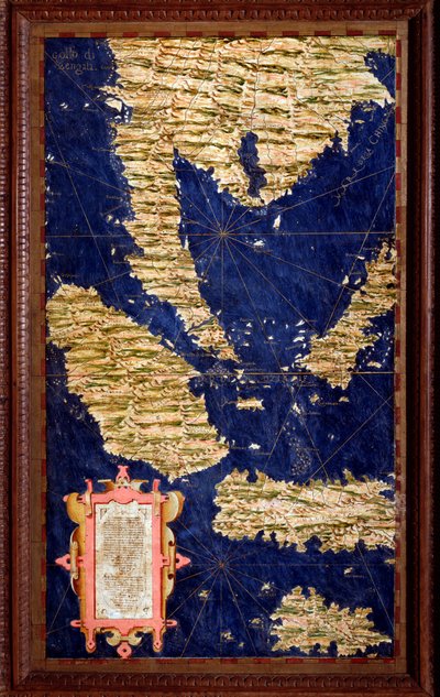 印度尼西亚：苏门答腊、马六甲、婆罗洲、爪哇 地图由Egnazio Danti（1536-1586）数学家、宇宙学家和意大利建筑师绘制。1567年左右。佛罗伦萨，韦基奥宫，Mappamondo厅 作者 埃尼亚齐奥·丹蒂（Egnazio Danti）