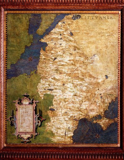 波罗的海上的利沃尼亚和立陶宛地图，由Egnazio Danti（1536-1586）数学家、宇宙学家和意大利建筑师绘制。1567年左右。佛罗伦萨，韦基奥宫，Mappamondo厅 作者 埃尼亚齐奥·丹蒂（Egnazio Danti）