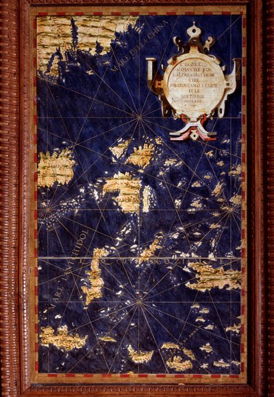 摩鹿加群岛地图由Egnazio Danti（1536-1586）数学家、宇宙学家和意大利建筑师制作。1567年左右。佛罗伦萨，韦基奥宫，Mappamondo厅 作者 埃尼亚齐奥·丹蒂（Egnazio Danti）