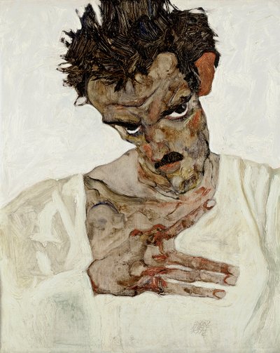 低头自画像。埃贡-席勒（1890-1918 年）的作品，木板油画 作者 Egon Schiele