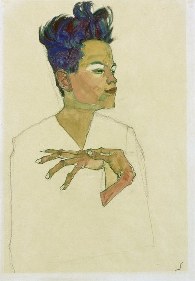 双手抱胸的自画像。埃贡-席勒（1890-1918 年）作品，纸面水彩和粉笔画 作者 埃贡·席勒（Egon Schiele）