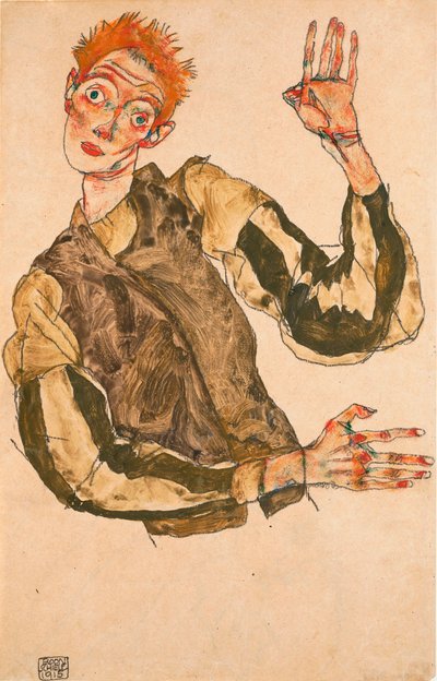带条纹袖子的自画像 - 埃贡-席勒（1890-1918 年）作品，纸上水粉画 作者 Egon Schiele