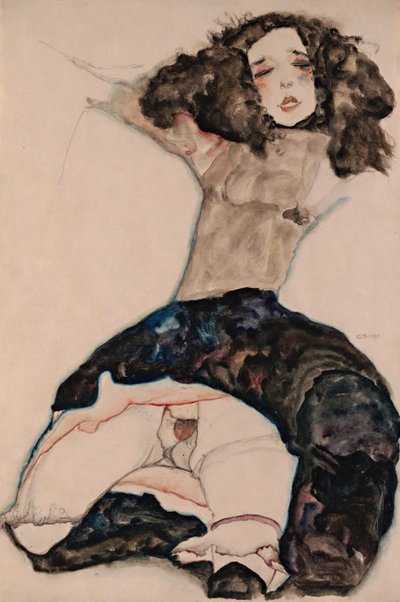 黑头发的女孩，举起裙子，1911年 作者 Egon Schiele