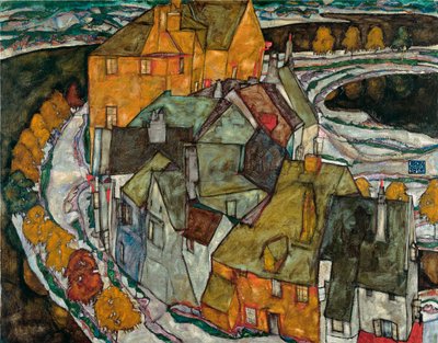 房屋新月 II（岛城）--埃贡-席勒（1890-1918 年）的油画，布面油画 作者 埃贡·席勒（Egon Schiele）
