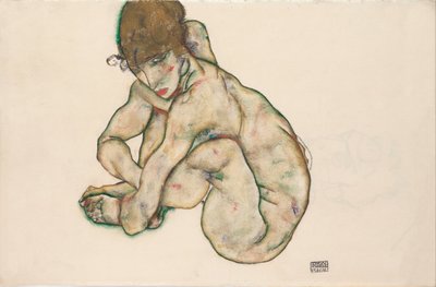 蹲着的裸体女孩，1914年 作者 Egon Schiele