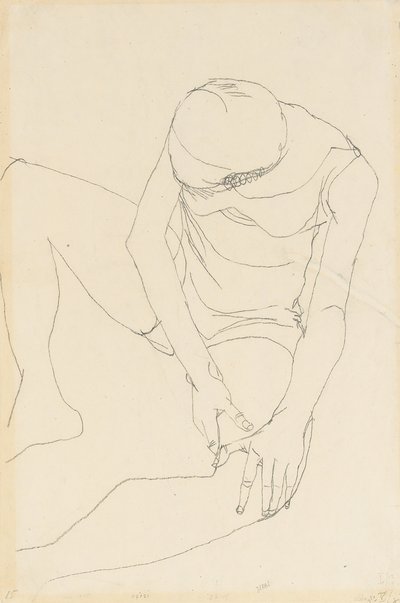 女性裸体向前弯曲，双手放在左大腿上，1913年 作者 埃贡·席勒（Egon Schiele）