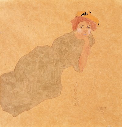 支撑臂橄榄色连衣裙的女孩；橄榄色的裙子，她的手臂上的女人 作者 埃贡·席勒（Egon Schiele）