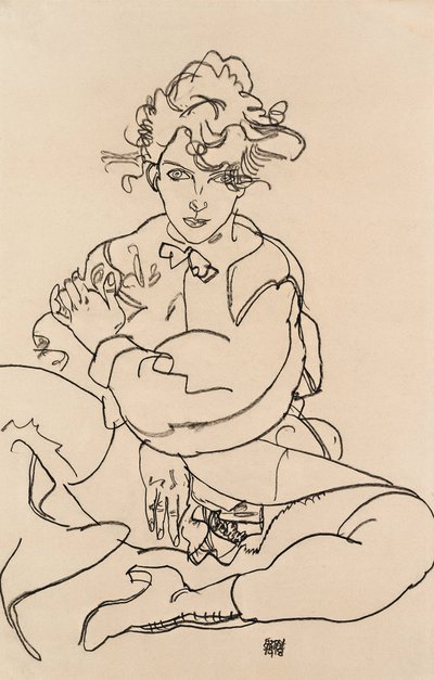 1918年，女孩坐在一起张开双腿 作者 埃贡·席勒（Egon Schiele）