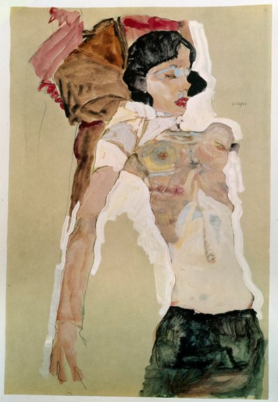 半裸女。由Egon Schiele（1890-1918）绘制，1911年铅笔和水彩画在纸上。昏暗：45,9x31,1cm。维也纳，Graphische Sammlung Albertina 作者 Egon Schiele