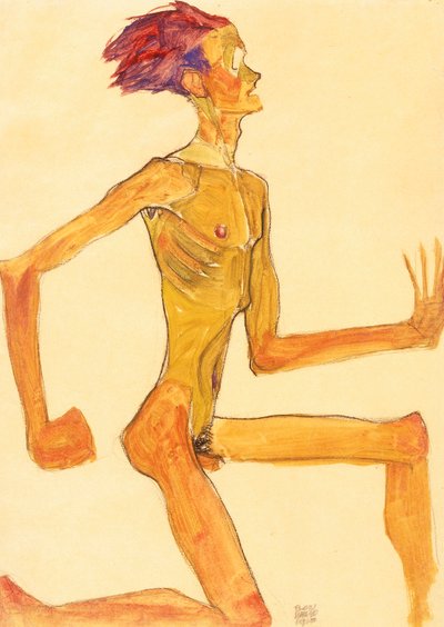 跪着裸体的男人，在右边的轮廓 作者 Egon Schiele