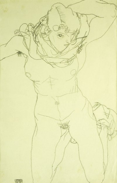 从正面跪着裸体； 1914年从正面跪下 作者 Egon Schiele